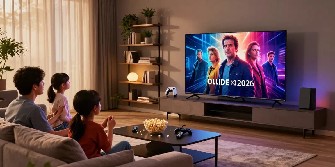 Family enjoying movie night with OLED TV 2026 in a cozy living room