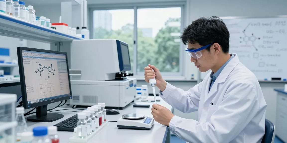 Scientist measuring lyophilized research peptides in a modern lab, showcasing precision in peptide synthesis.