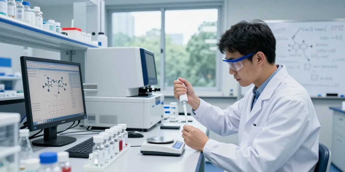 Scientist measuring lyophilized research peptides in a modern lab, showcasing precision in peptide synthesis.