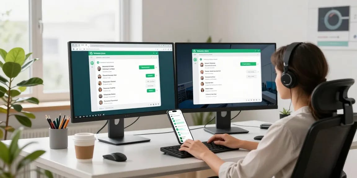 Engaging with WhatsApp網頁版 in a modern office setting, showcasing seamless communication.