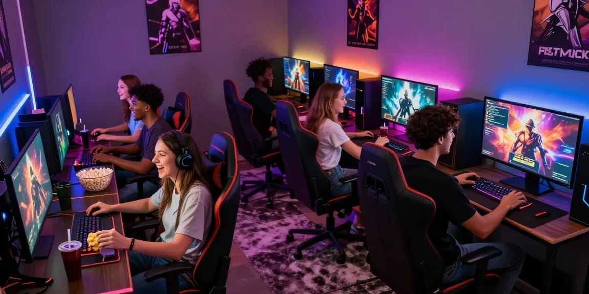 Engaging gaming lounge with friends playing free porn games, colorful LED lights, vibrant atmosphere.