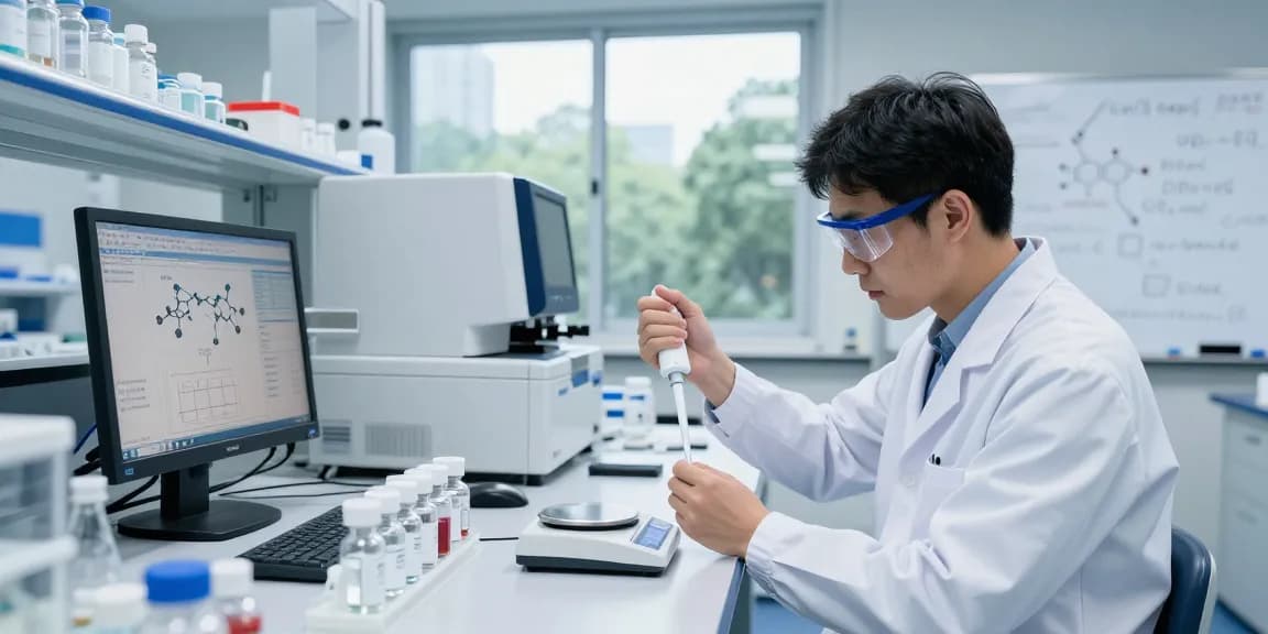 Scientist measuring lyophilized research peptides in a modern lab, showcasing precision in peptide synthesis.
