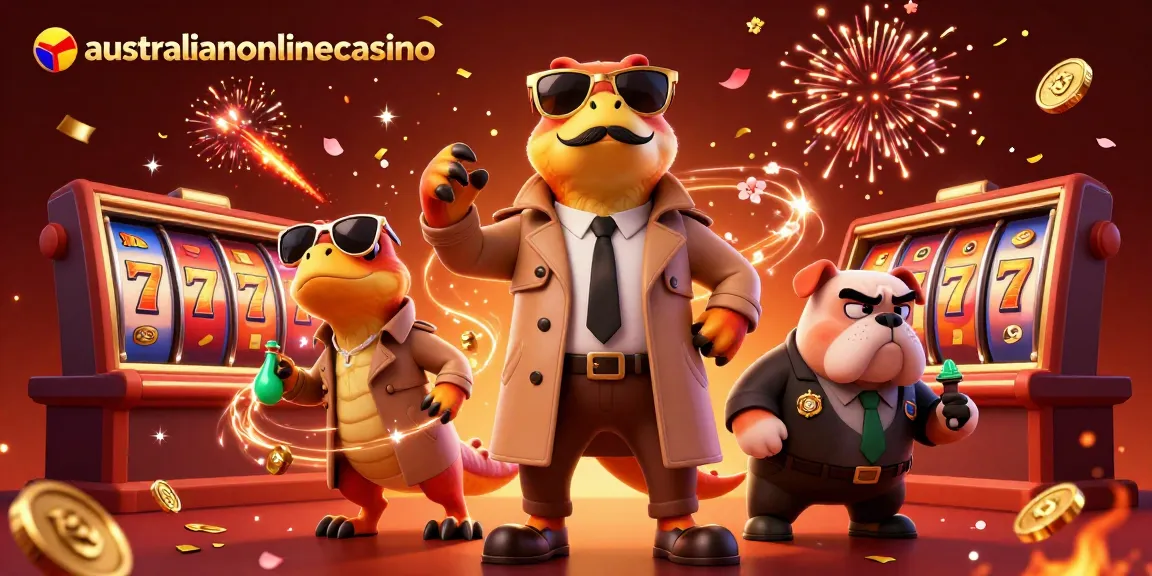 Australianonlinecasino showcases animated raptors seeking VIP access with slot machines in a festive casino.