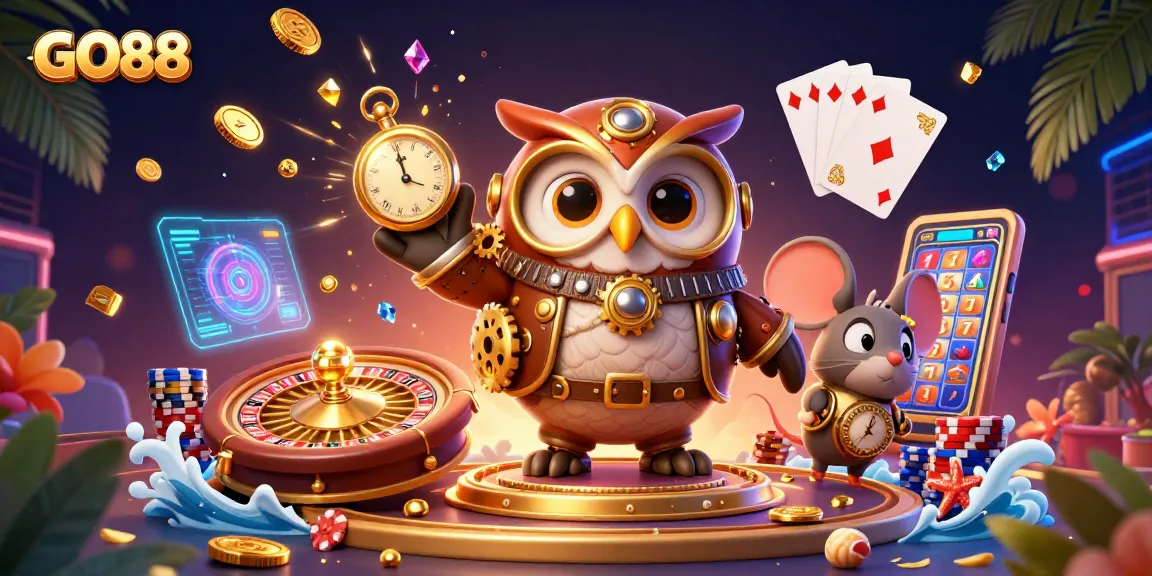 Engage with GO88's vibrant casino world, highlighted by a time-traveling owl and dazzling game elements.