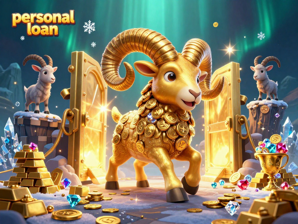 Win big with personal loans illustrated by a golden ram charging through treasure-filled gates.