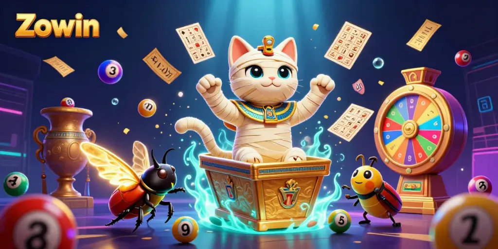 Zowin brings excitement as a cartoon mummy cat bursts from a sarcophagus, surrounding colorful lottery elements.