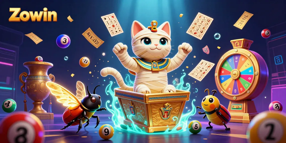 Zowin brings excitement as a cartoon mummy cat bursts from a sarcophagus, surrounding colorful lottery elements.