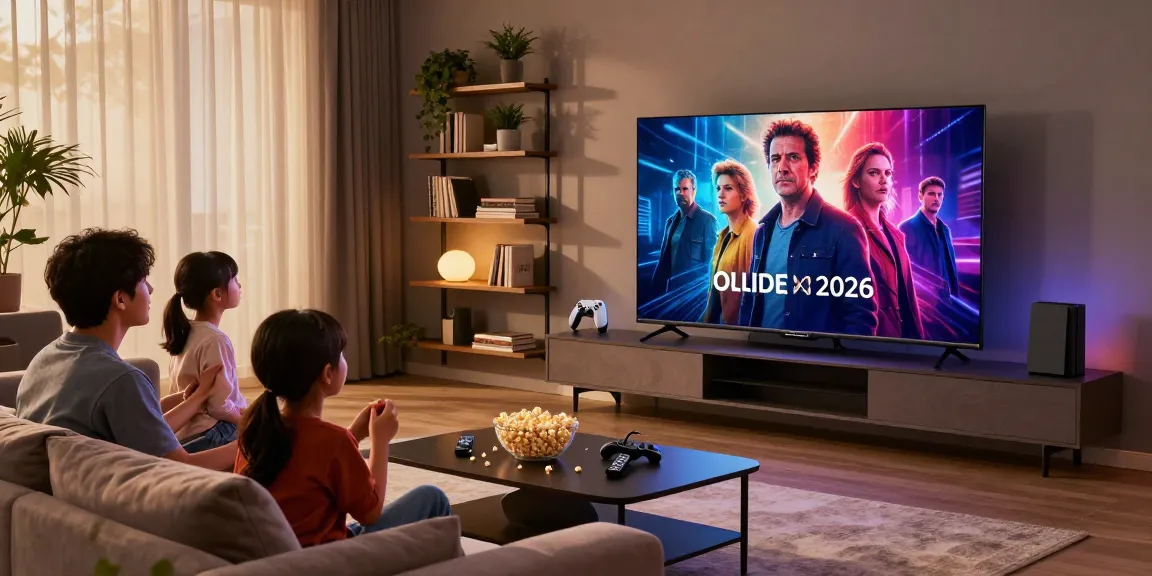 Family enjoying movie night with OLED TV 2026 in a cozy living room