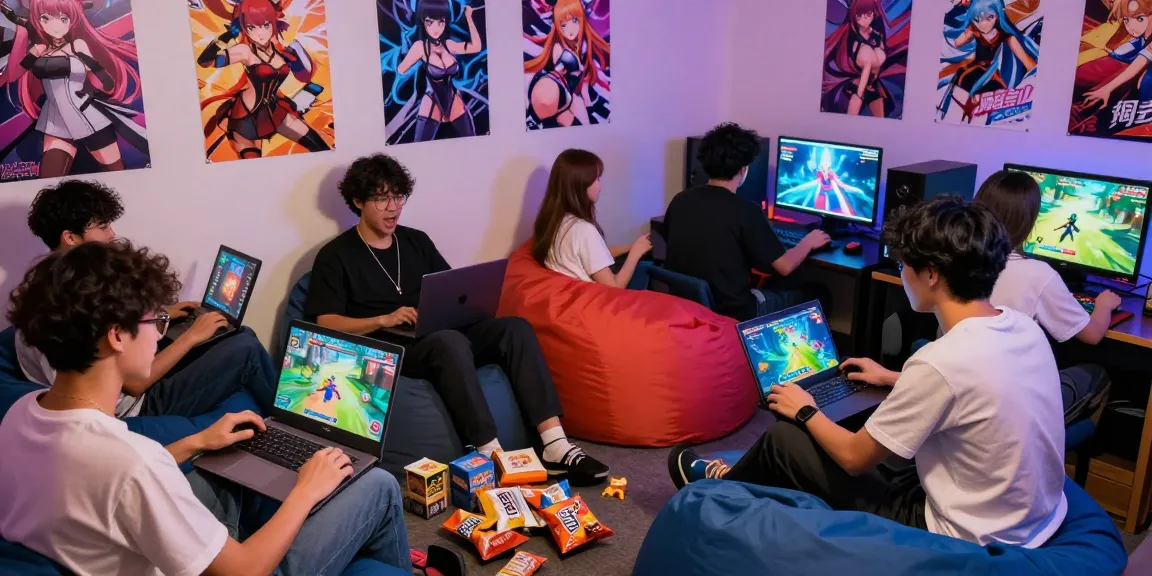 Engaging scene of players enjoying hentai games in a cozy gaming lounge, showcasing dynamic interactions and colorful decor.
