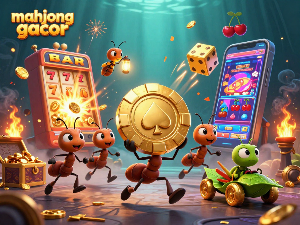 Experience mahjong gacor excitement as ants orchestrate a heist in a vibrant casino scene with thrilling visuals.