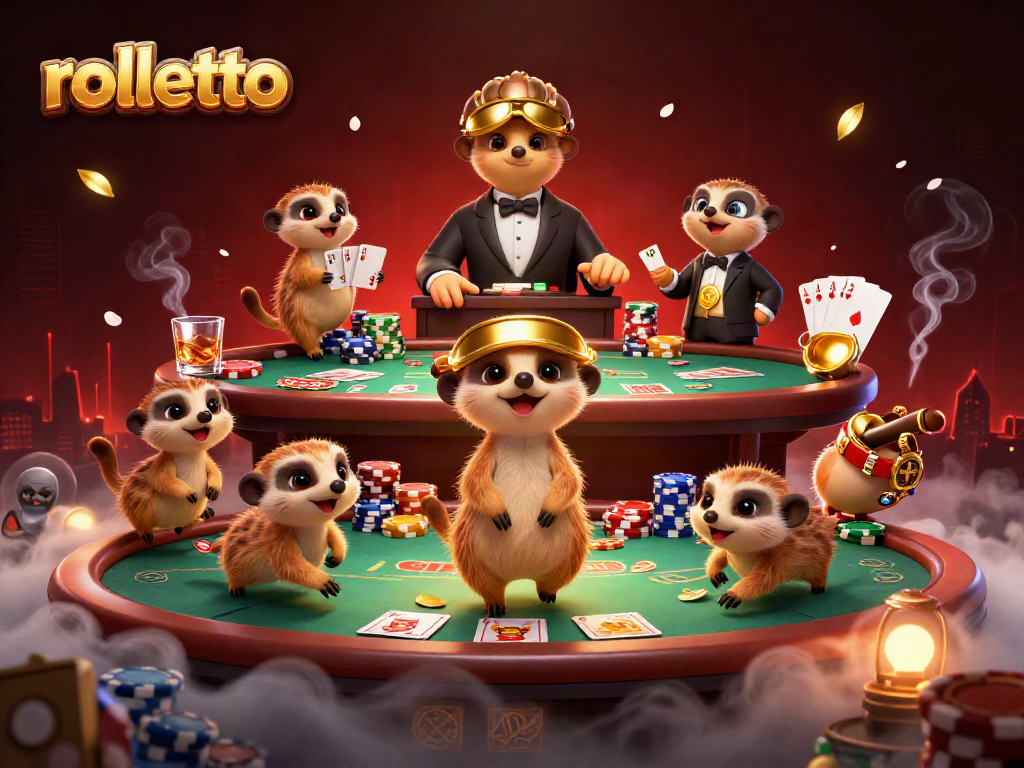 rolletto meerkats hosting a vibrant casino scene with poker chips and cards