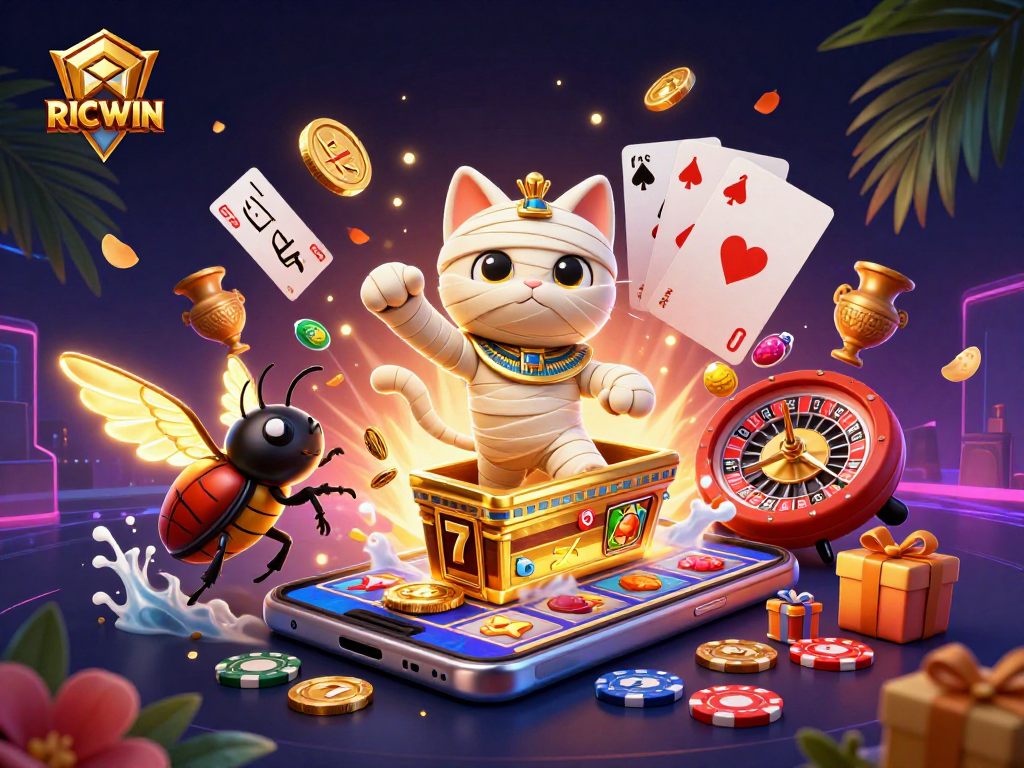 Spin to win with RICWIN in a vibrant casino scene featuring Egyptian characters and gaming excitement.