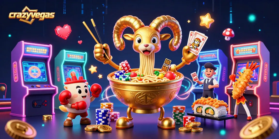 Engage with crazyvegas-themed characters in a vibrant casino scene featuring arcade games and playful elements.
