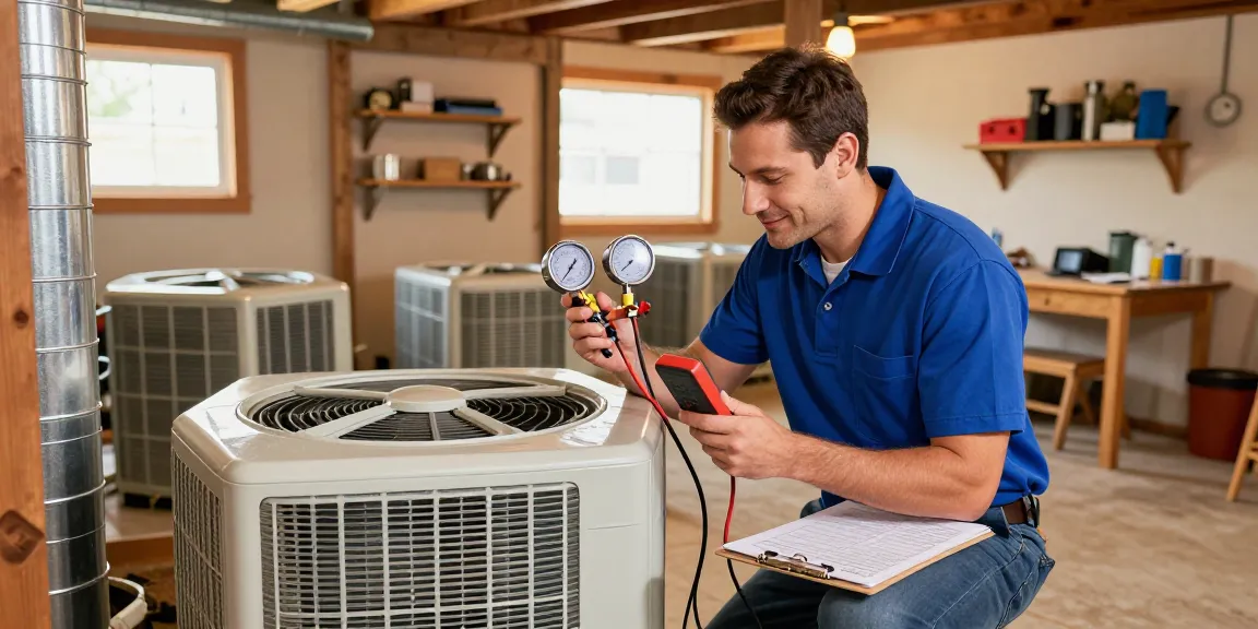 HVAC Stevens Point WI technician inspecting furnace in warm, welcoming home setting.