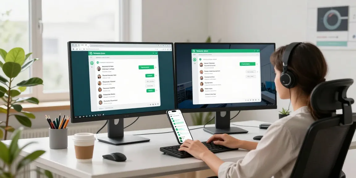 Engaging with WhatsApp網頁版 in a modern office setting, showcasing seamless communication.