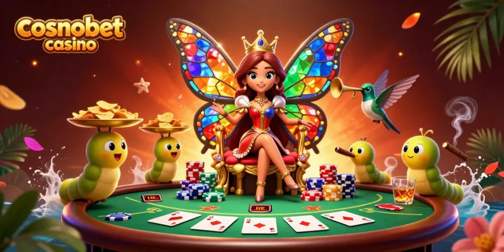 Experience the vibrant world of cosmobet casino with a butterfly queen and poker elements in a rich 3D scene.
