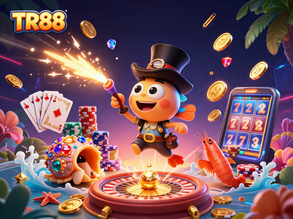 Experience the thrill of TR88 as the anglerfish attracts golden coins amidst vibrant casino elements.