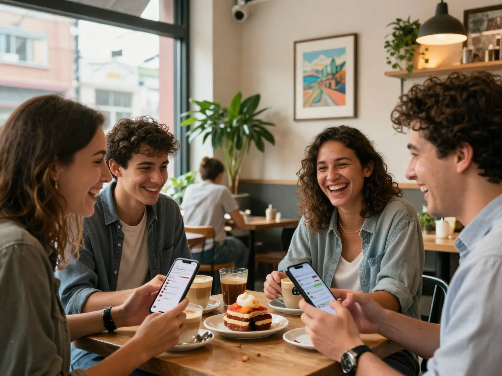 Engaging spicy chat among friends in cozy café with coffee and pastries.