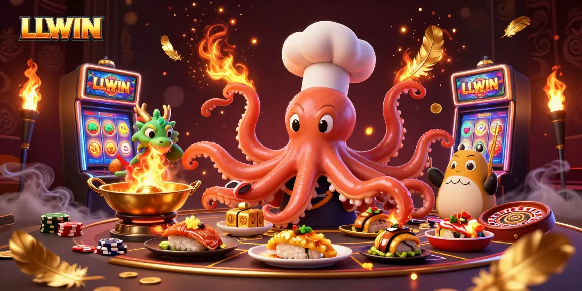 LLWIN showcases an exciting casino adventure with a sushi chef octopus, dragon, and tanuki amidst vibrant gaming elements.