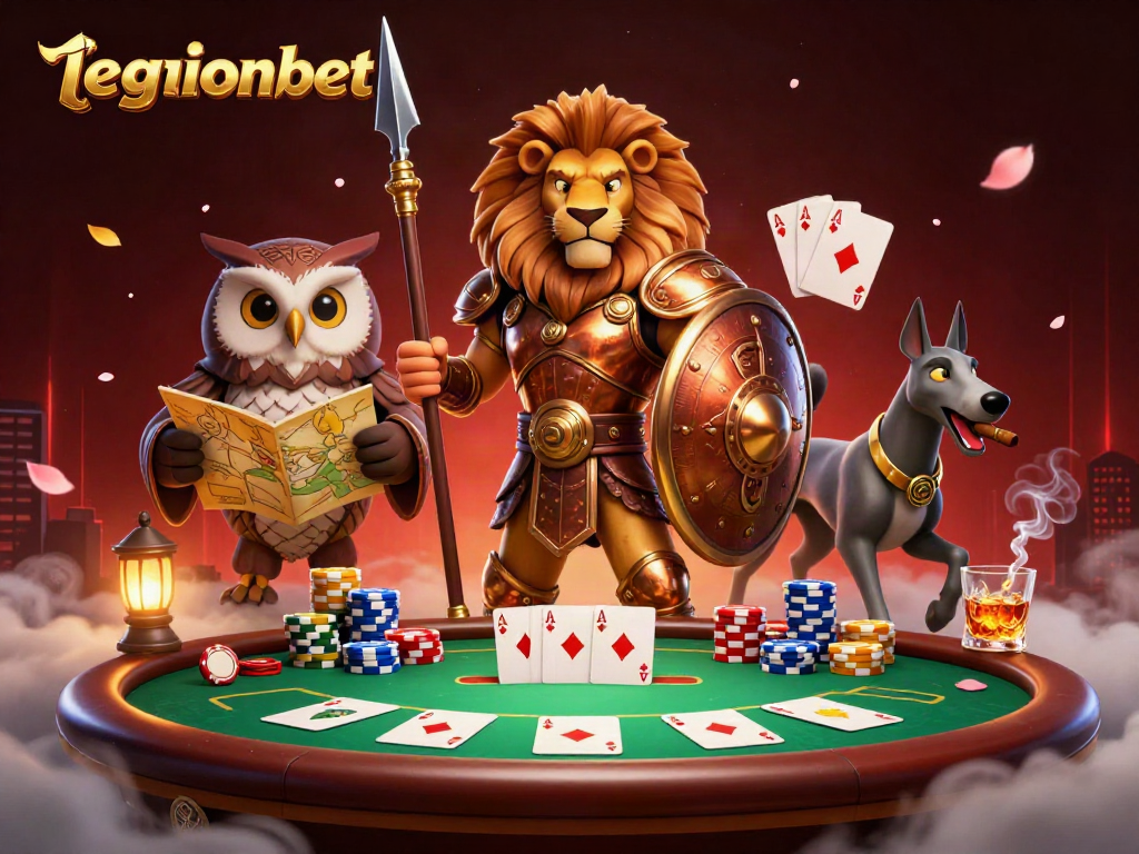 Engage exciting games at legionbet with a heroic Spartan lion, surrounded by poker elements and a strategic owl.