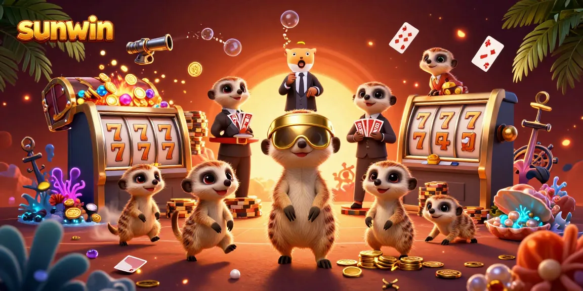 sunwin meerkats managing a vibrant casino with slots and treasures in an underwater scene
