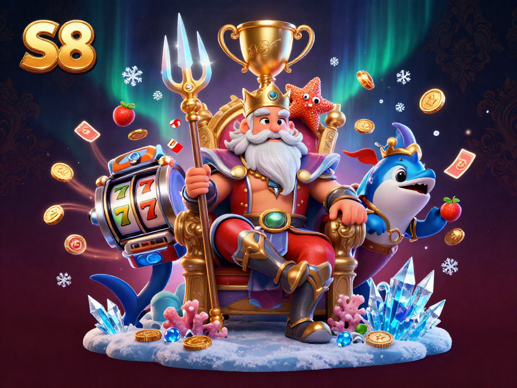 Engage with S8's dynamic casino world featuring Neptune surrounded by slot machines and vibrant elements.