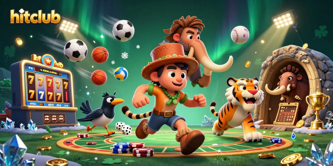 Engage in thrilling gameplay at hitclub, featuring vibrant 3D casino elements, caveman and sabertooth tiger.