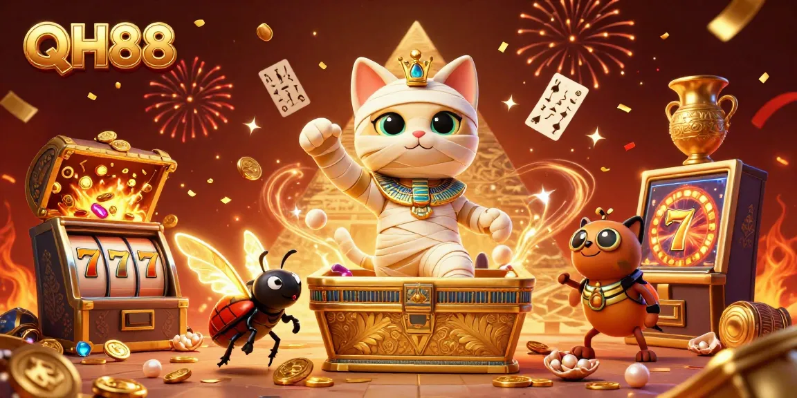 Engage in thrilling play at QH88 with an exciting scene of a mummy and treasures in an ancient pyramid casino.