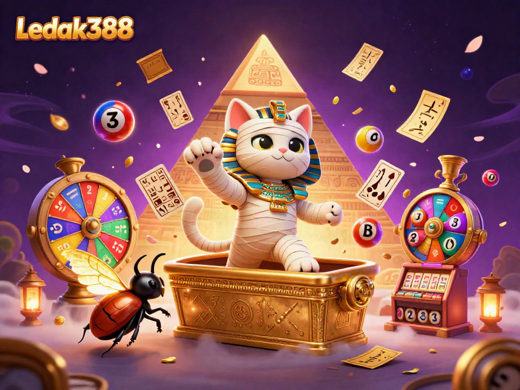Experience fun gaming with Ledak388 featuring a vibrant Egyptian-themed casino scene filled with exciting gaming elements.