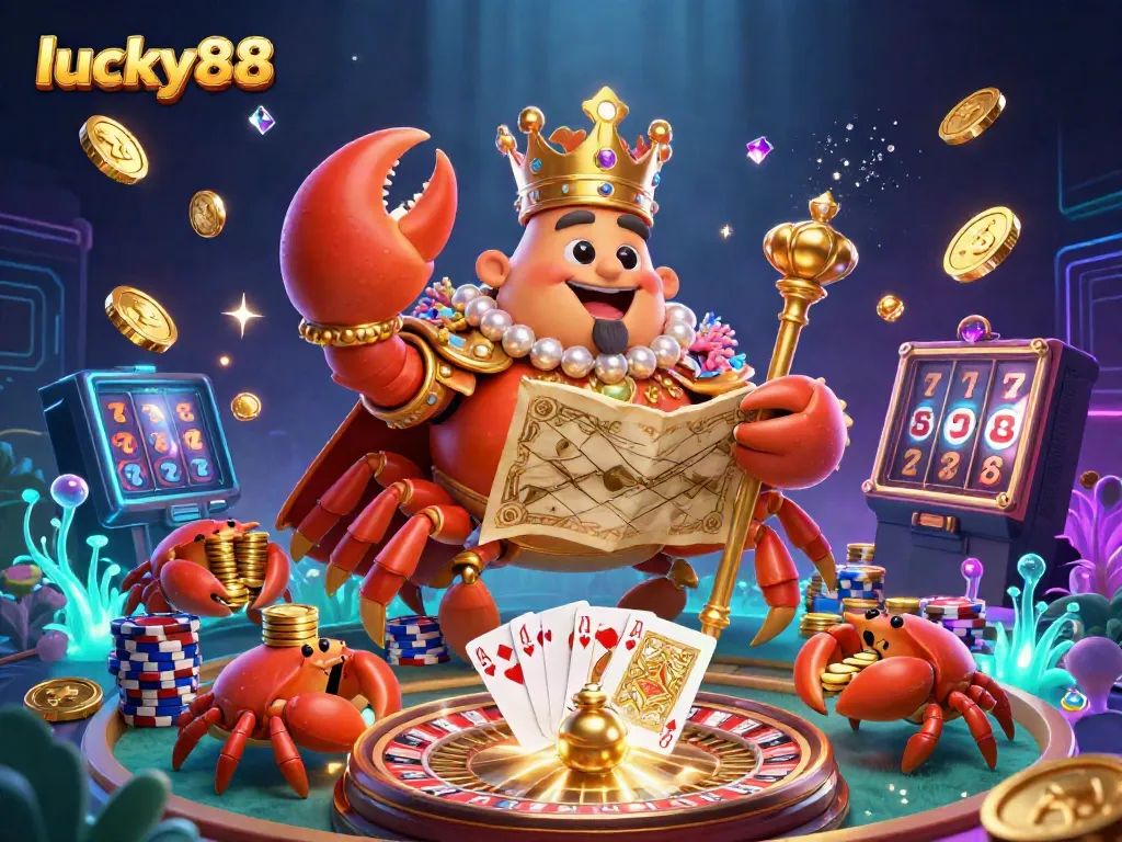 Experience the thrilling world of lucky88 as a golden crab emperor presides over a vibrant casino scene filled with sparkling treasures.