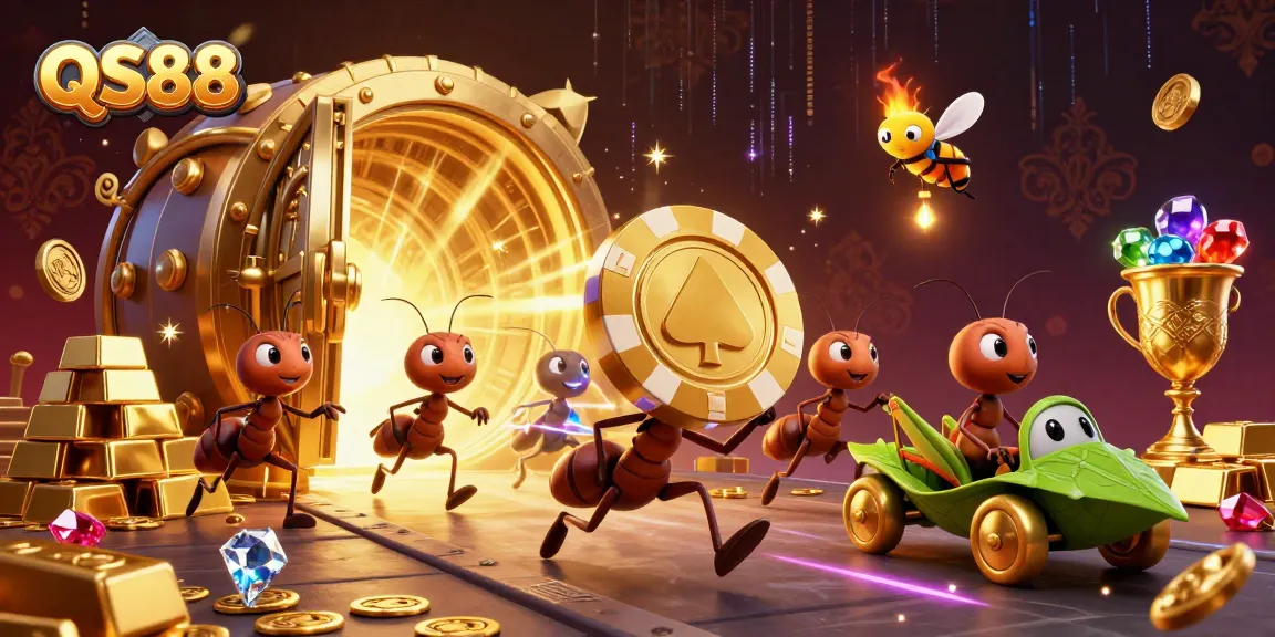 Engage with QS88 through a vibrant heist scene featuring ants and treasures in a casino-like setting.