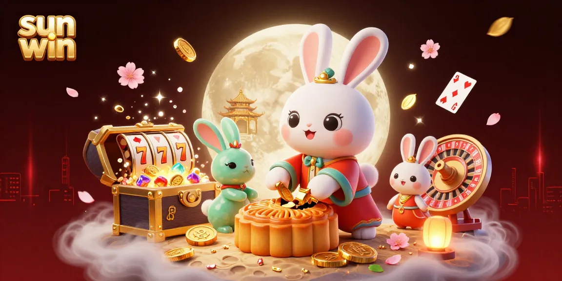 Experience the excitement of sun win with a lunar rabbit themed casino scene filled with poker chips and vibrant slot reels.
