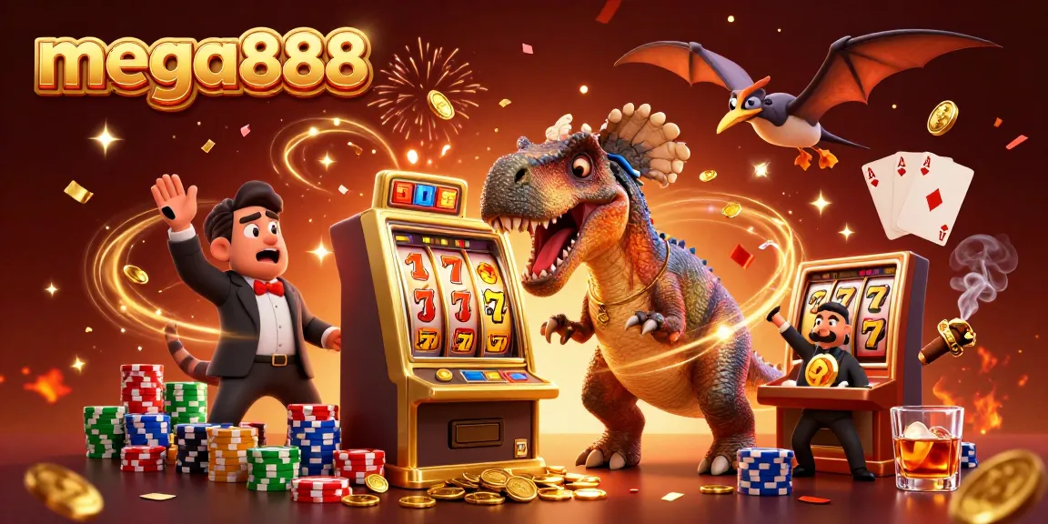 Experience slot victories with mega888 as a dinosaur headbutts a jackpot machine amidst casino chaos.