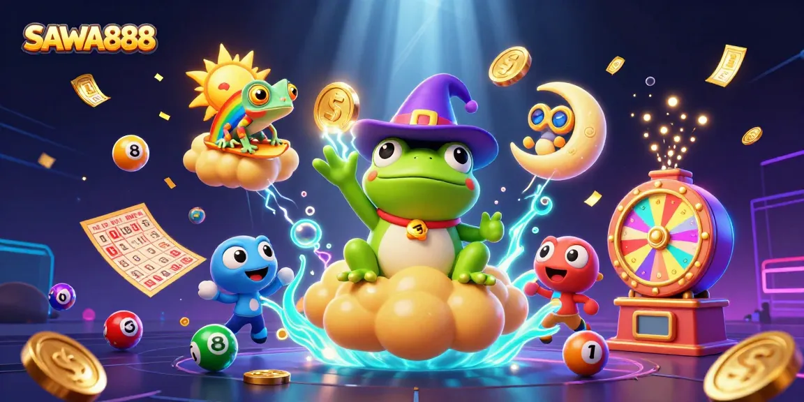 SAWA888 features an engaging 3D scene with a magical frog and chameleon surrounded by lottery elements.