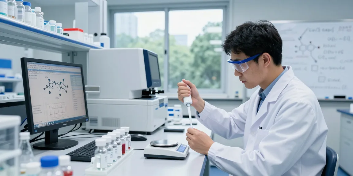 Scientist measuring lyophilized research peptides in a modern lab, showcasing precision in peptide synthesis.