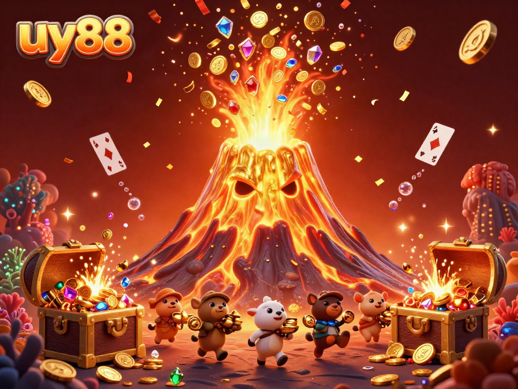 Players enjoy spinning reels for treasure at uy88, where a golden volcano erupts with gems and coins.