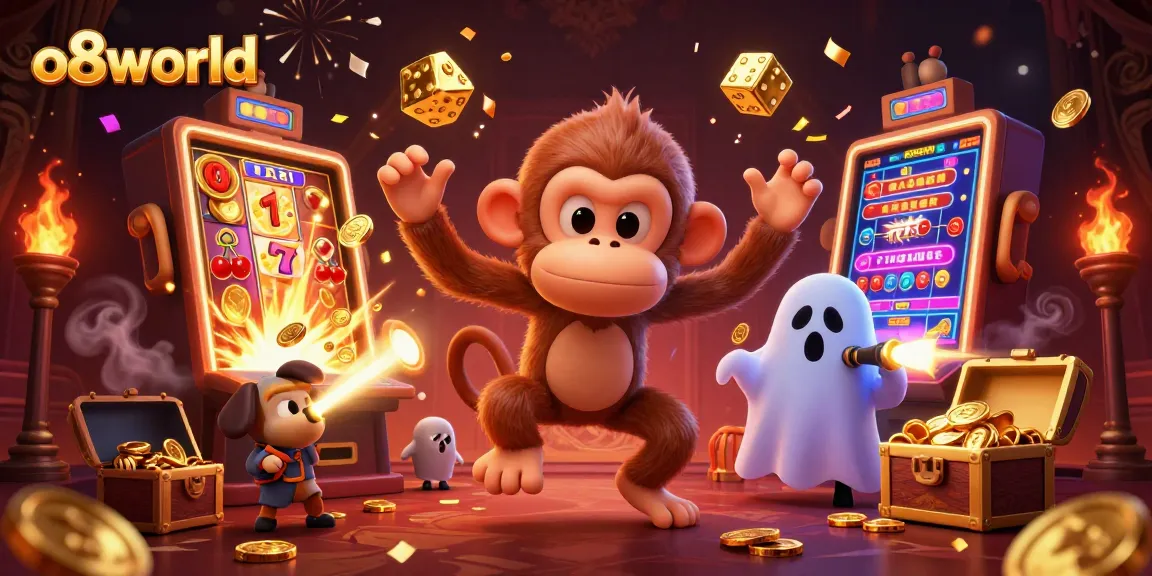 Experience thrilling gameplay with o8world's ghostly monkey and curious puppy in a haunted casino.