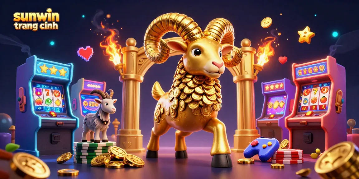 Experience thrilling gaming at sunwin trang chính with an energetic 3D illustration showcasing a golden ram charging at a casino.