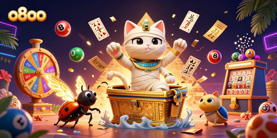 Experience the thrills of o8oo with the captivating mummy cat bursting from a golden sarcophagus, immersed in vibrant casino elements.