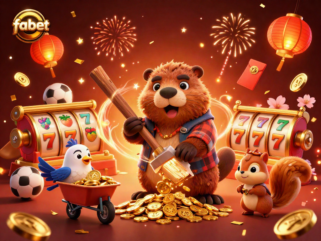 Engage in fabet's vibrant online gaming scene with a beaver collecting coins amidst festive elements.