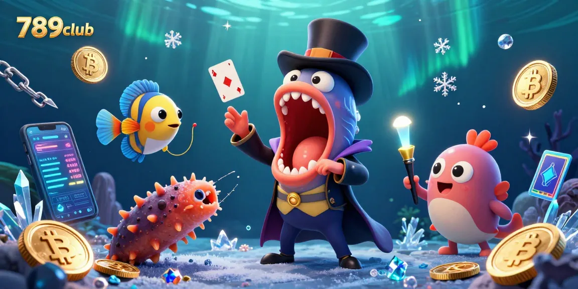 Watch the 789club magic show with glowing crypto coins as animated sea creatures delight!
