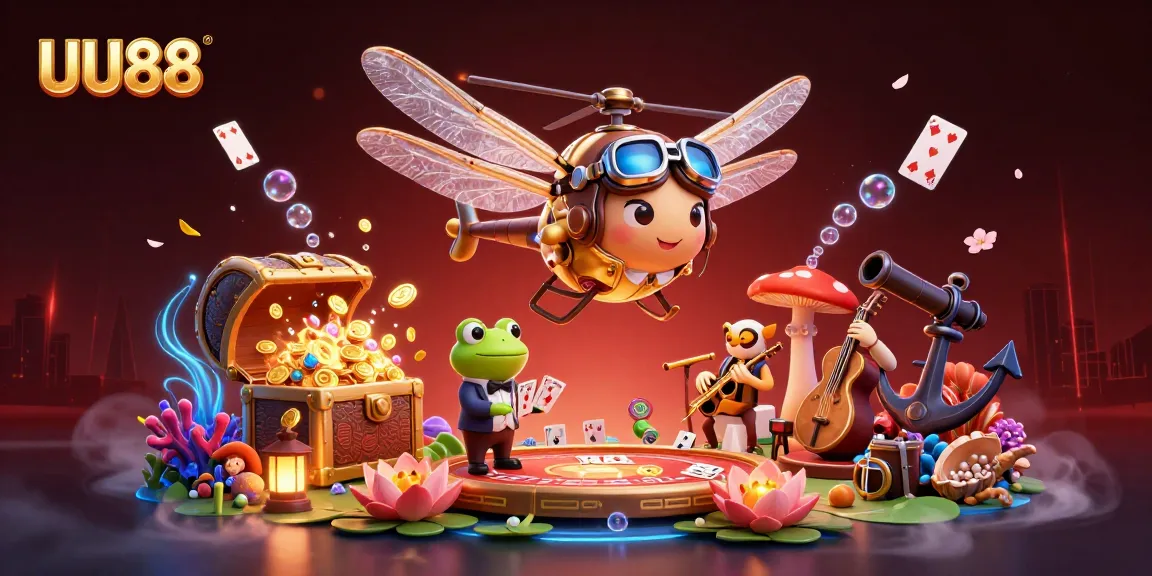 Experience thrilling gameplay at UU88 with a vibrant casino scene featuring a dragonfly pilot, frog croupier, and jazz musicians.
