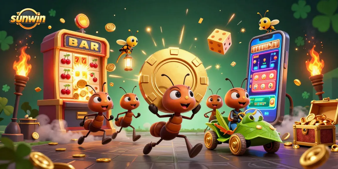 Join the sunwin heist as cartoon ants escape with a giant poker chip amidst casino riches!