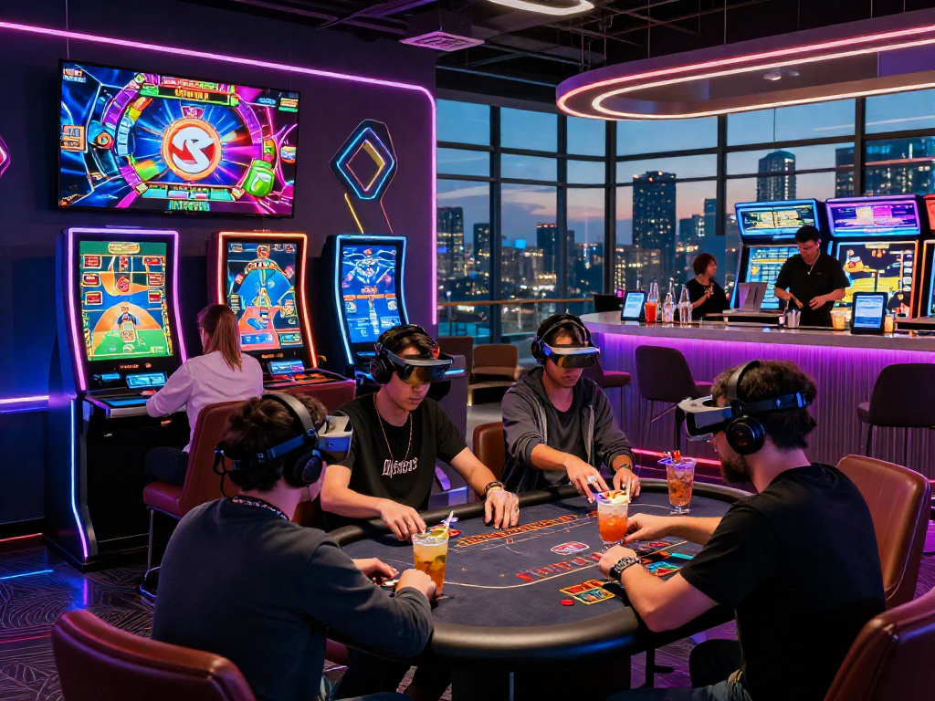 Exciting crypto casino scene showcasing players engaged in gaming and cryptocurrency betting at a vibrant lounge