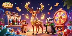 Play slot gacor gampang menang with vibrant slot reels and cartoon characters in a dynamic casino scene.